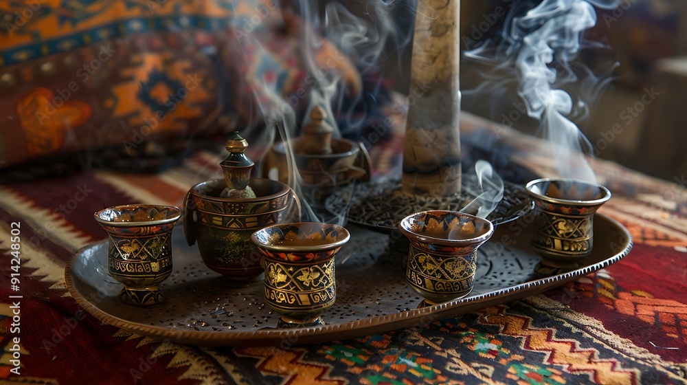 Traditional Turkish Coffee Cups with Incense Smoke Traditional Turkish Coffee Cups with Incense Smoke