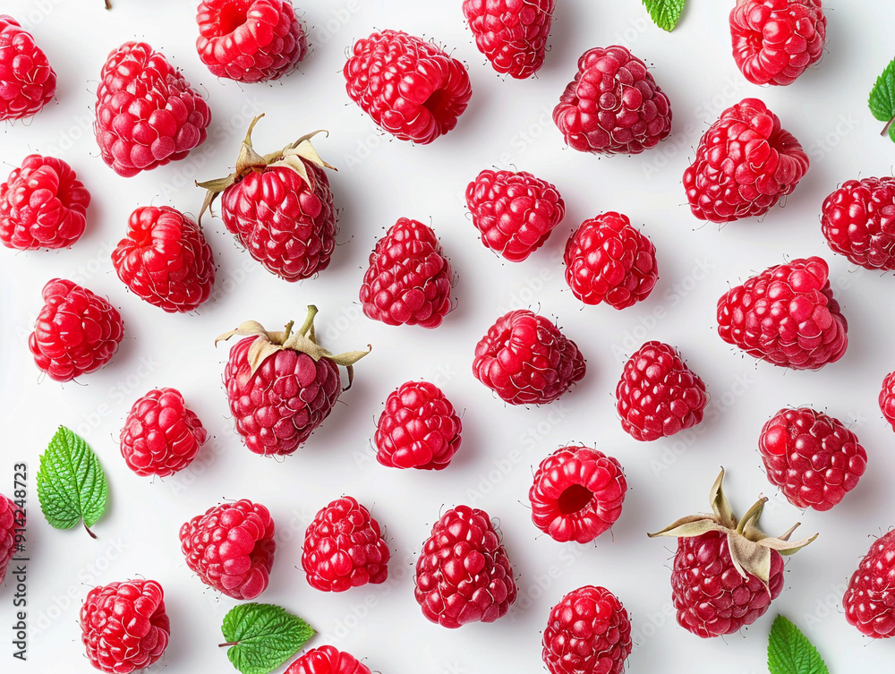 Freshly Harvested Raspberries Spread Across a Bright White Surface in Natural Light