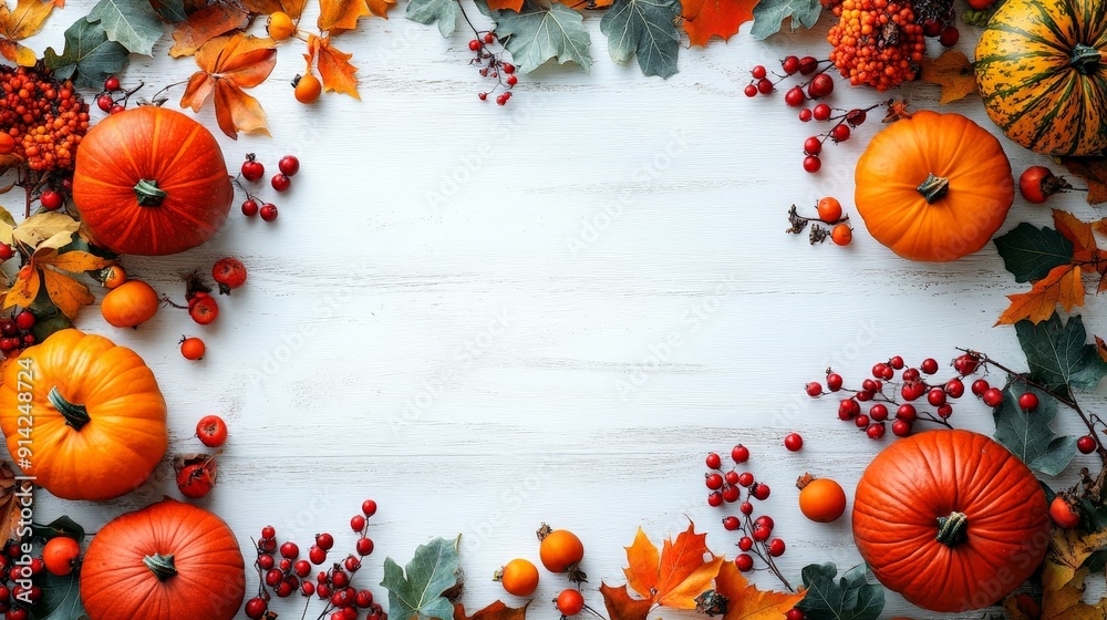 Obraz premium Festive Autumn Decor with Pumpkins, Berries, and Leaves