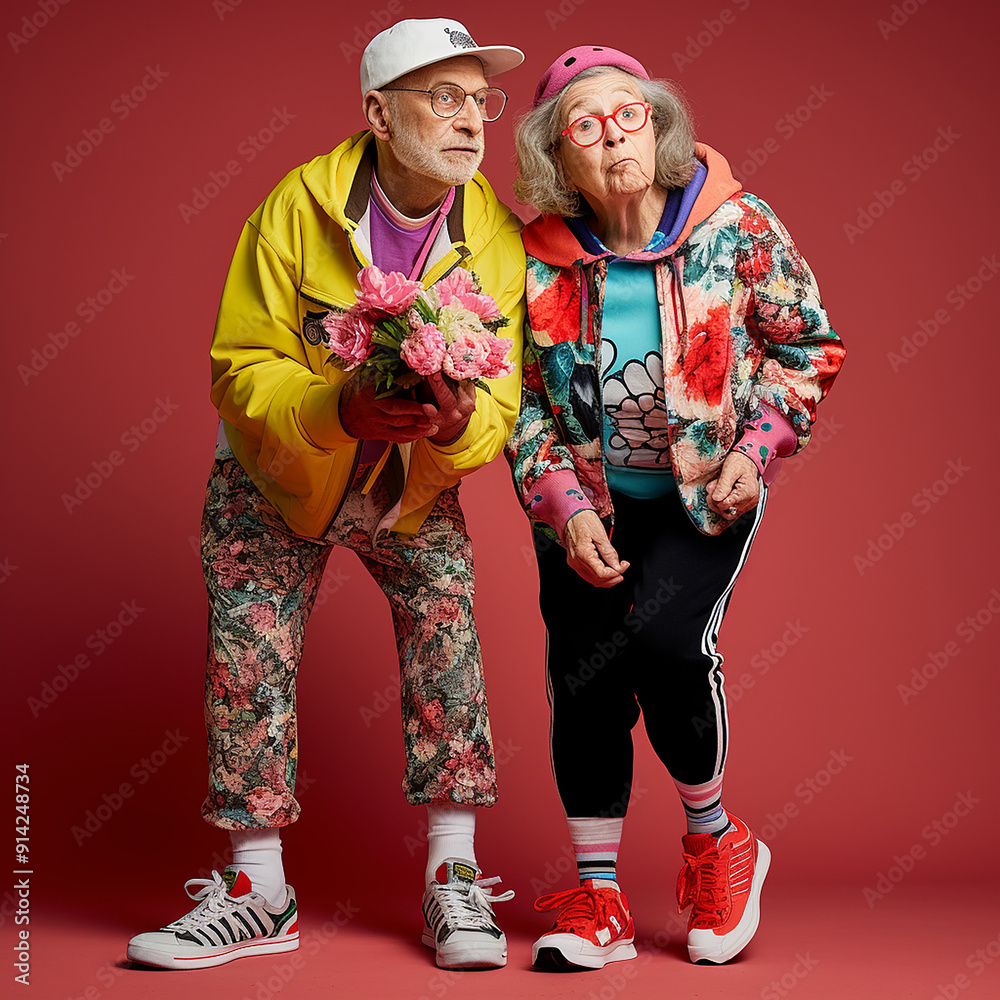 Obraz premium elderly couple woman and man dressed as teenagers. brightly, stylishly and youthfully dressed. They stand on a bright background. Forever young