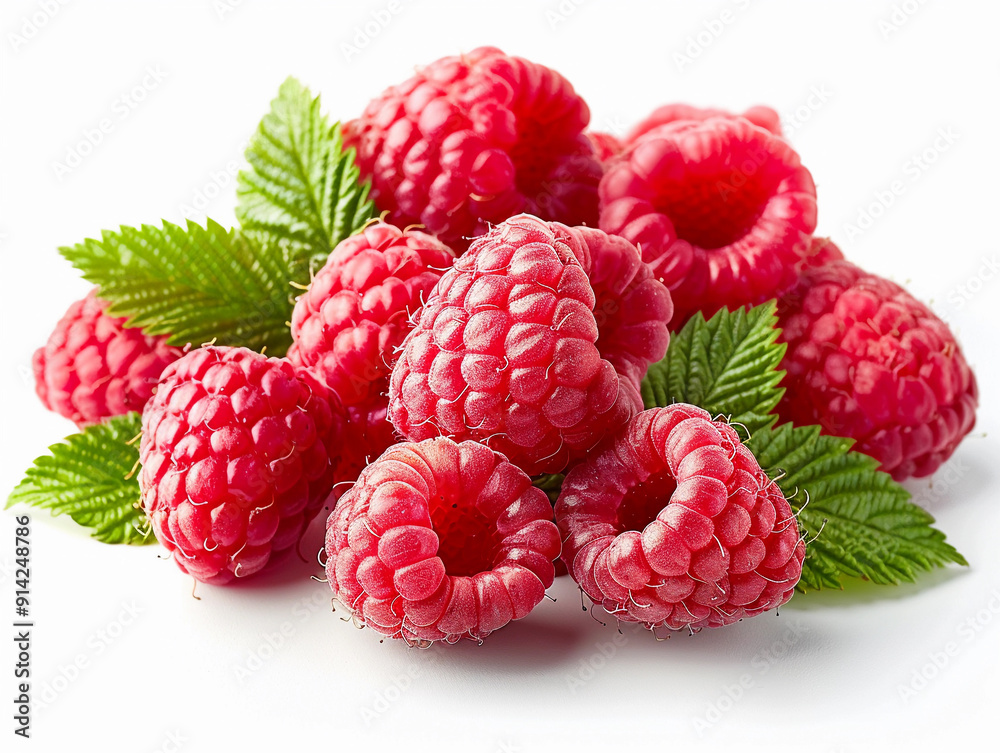 Fresh Ripe Raspberries With Green Leaves Arranged On A White Surface Fresh Ripe Raspberries With Green Leaves Arranged On A White Surface