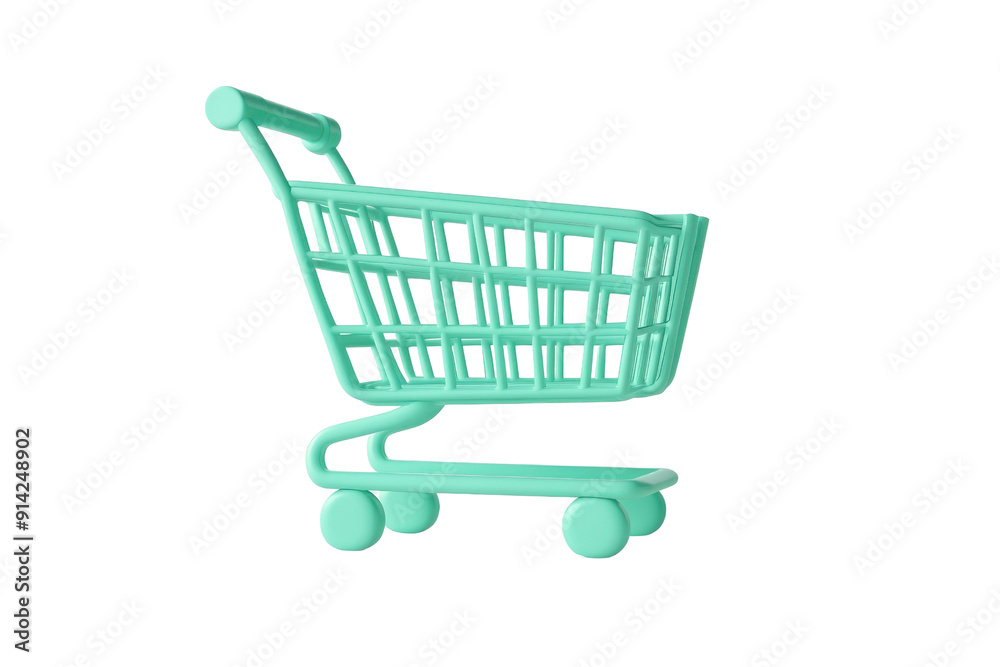 A turquoise shopping cart isolated on a blank background, perfect for e-commerce and retail industry promotions. A turquoise shopping cart isolated on a blank background, perfect for e-commerce and retail industry promotions.