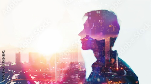 A silhouette of a man with a cityscape superimposed over his head, symbolizing urban life and progress.