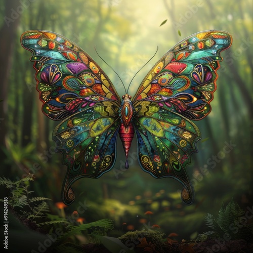 A butterfly perched on a leaf and a flower, showcasing its vibrant black and yellow wings, perfect for a summer or tropical illustration photo