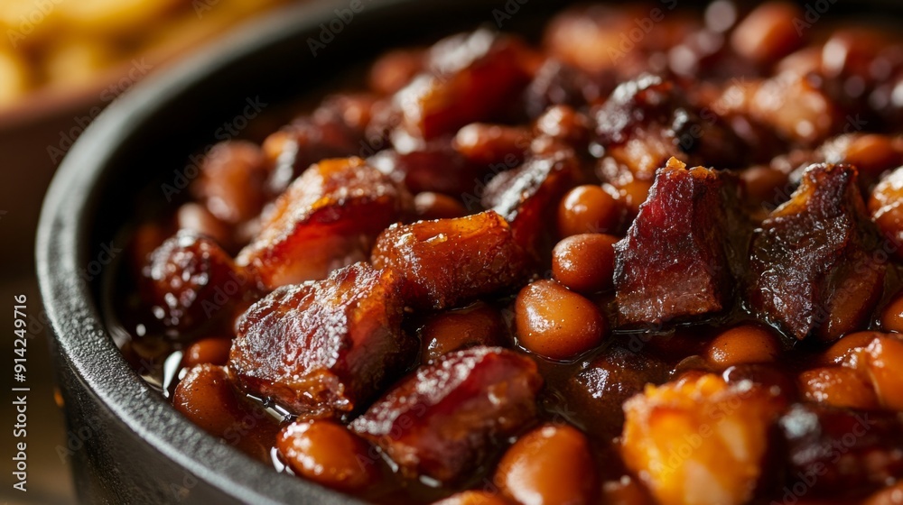 Savory barbecue beans mixed with tender pieces of pork served in a cast iron bowl, highlighting rich colors and textures.