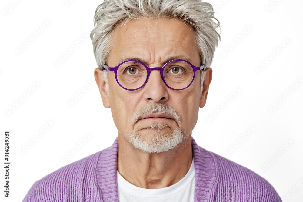 Skeptical Senior Man with Grey Hair and Purple Glasses Skeptical Senior Man with Grey Hair and Purple Glasses
