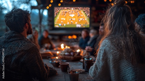 A group of friends watching a football game together on Thanksgiving