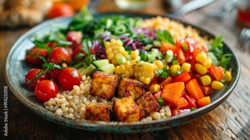 featuring a colorful array of vibrant vegetables and grains