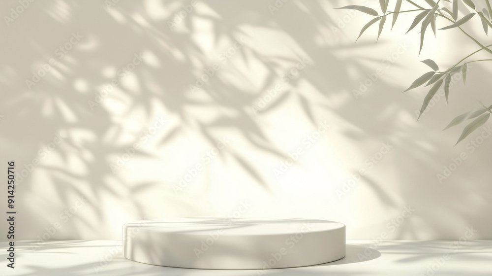 Minimalist beige podium on pastel background with bamboo leaf shadows. Elegant 3D render for product display in soft sunlight, perfect for showcasing beauty and simplicity in a serene, abstract enviro Minimalist beige podium on pastel background with bamboo leaf shadows. Elegant 3D render for product display in soft sunlight, perfect for showcasing beauty and simplicity in a serene, abstract enviro