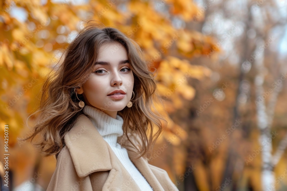 Young woman in a stylish coat with autumn leaves in the background, wearing earrings and a cozy sweater Young woman in a stylish coat with autumn leaves in the background, wearing earrings and a cozy sweater