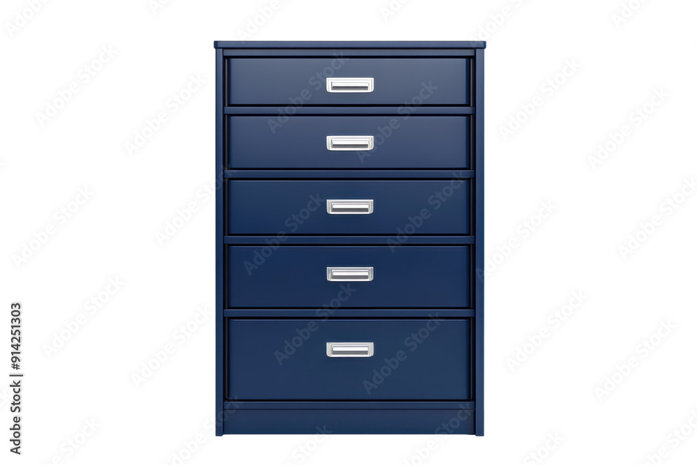 Blue wooden filing cabinet with five drawers and metallic handles. Ideal for office storage and organization. Isolated on a transparent background. Blue wooden filing cabinet with five drawers and metallic handles. Ideal for office storage and organization. Isolated on a transparent background.