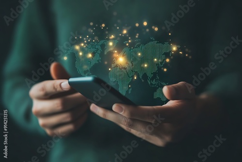 Global Connection: Smartphone and World Map photo