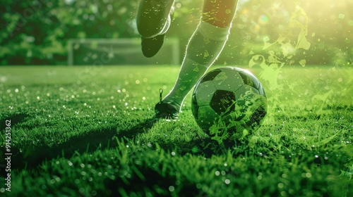 A soccer player kicks the ball on a green field with sunlight streaming through the trees.