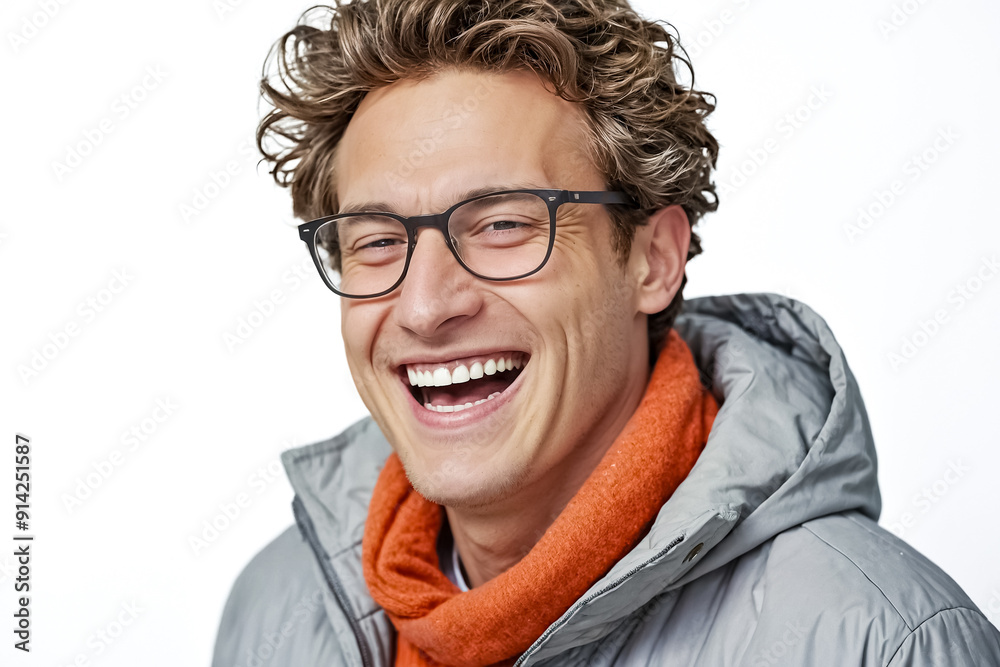 Man laughing with glasses and orange scarf