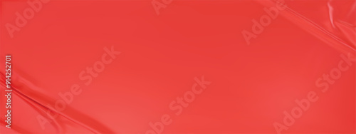 Red silk satin luxury background. Red elegant background with space for design. Draped fabric Flat lay, Template, cover, header, Wide banner. panoramic view. 3D vector illustration.
