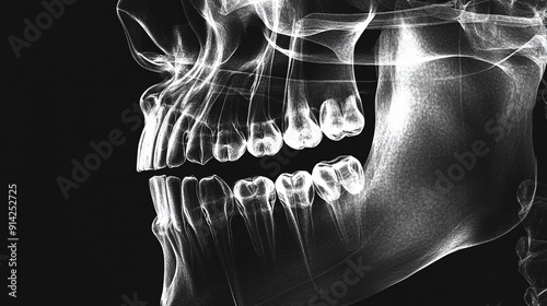 A detailed dental X-ray displaying teeth and jaw, set against a minimalist black and white background with subtle geometric patterns photo