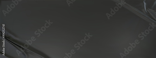 Black silk satin luxury background. Dark elegant background with space for design. Draped fabric Flat lay, Template, cover, header, Wide banner. panoramic view. 3D vector illustration.
