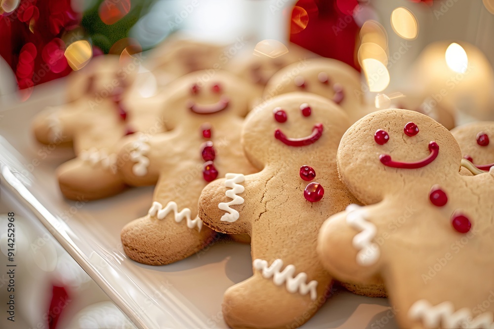 A row of gingerbread men with red eyes and white smiles A row of gingerbread men with red eyes and white smiles
