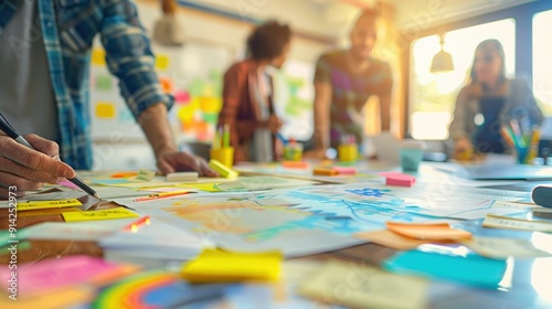 A team collaborates on a project, using sticky notes and a whiteboard to brainstorm ideas.  The image captures a dynamic and creative work environment. photo