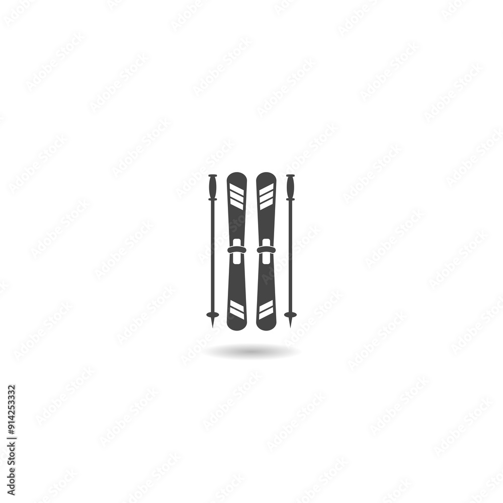 Mountain skis and ski poles icon with shadow Mountain skis and ski poles icon with shadow