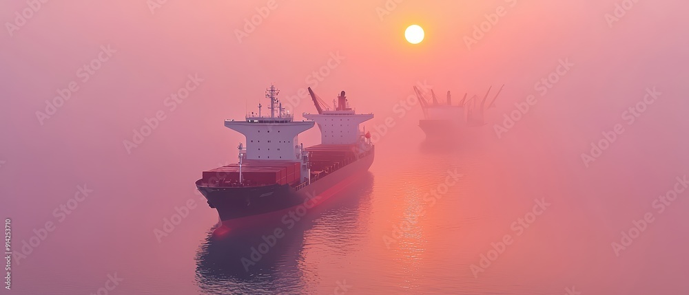 A serene view of cargo ships in fog, silhouetted by a glowing sunset, creating a tranquil maritime atmosphere.