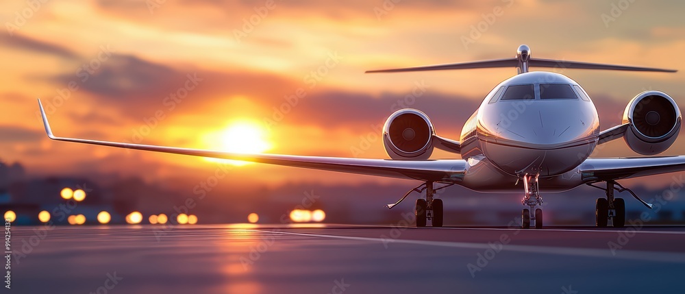 A sleek private jet preparing for takeoff at sunset, showcasing luxury and adventure in aviation. A sleek private jet preparing for takeoff at sunset, showcasing luxury and adventure in aviation.
