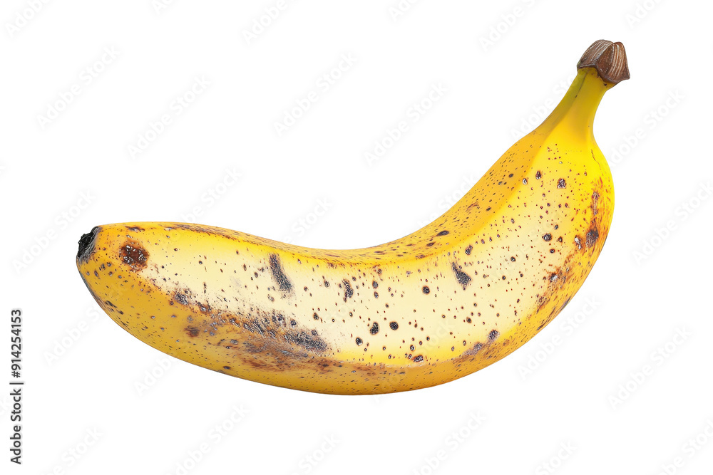 Close-up of a ripe, slightly overripe banana with brown spots on the peel, isolated on a transparent background. Close-up of a ripe, slightly overripe banana with brown spots on the peel, isolated on a transparent background.