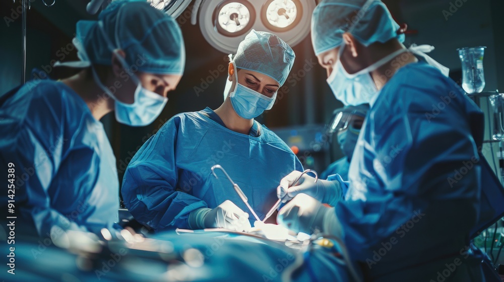 A team of surgeons in scrubs perform a surgery in a sterile operating room. A team of surgeons in scrubs perform a surgery in a sterile operating room.