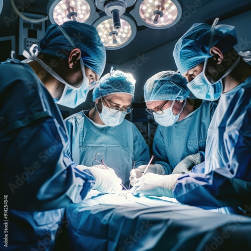 A team of surgeons perform surgery in an operating room,  focused on the task at hand. photo