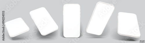 3D white smartphone mockup with white screen. White mobile phone isolated on gray background. 3d vector illustration.