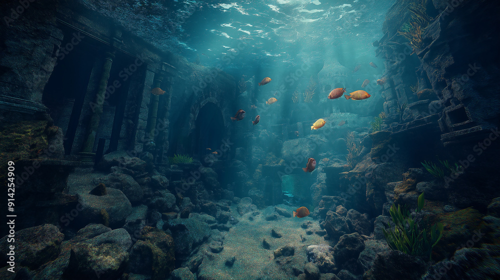 Underwater ruins with vibrant fish in a sunlit ocean
