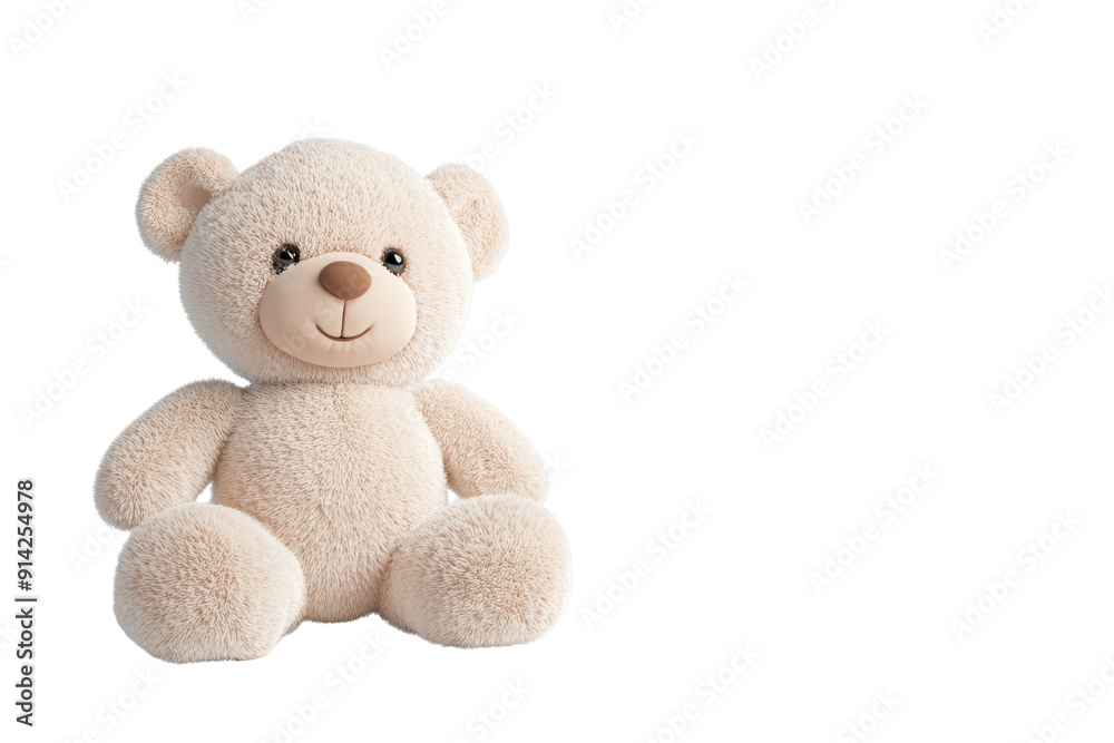 Cute beige teddy bear with a friendly smile sitting against a transparent background. Perfect for children's toys and baby decor themes.