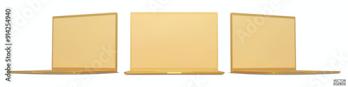 Set of 3d gold mockup laptops from different angles isolated on white background. Realistic Laptop golden mockup with gold screen display. 3D vector illustration.