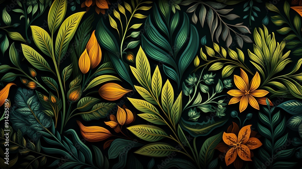Vibrant floral pattern with yellow flowers and lush green leaves on a dark background.