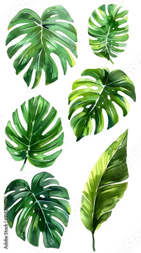 Watercolor Monstera Leaf Set on White Background with Lush Detailed Foliage and Copy Space