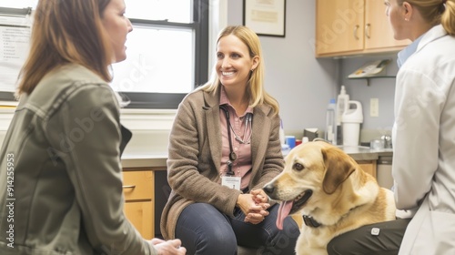 A veterinarian and a pet owner discuss their dog's health in an examination room.