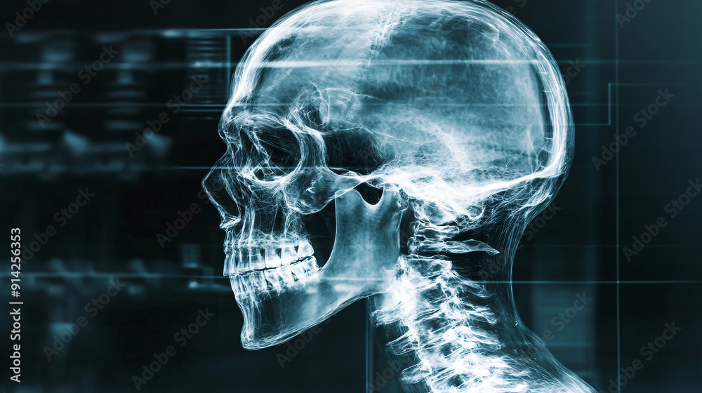 An X-ray of the skull highlighting sinus cavities, with a stylish, monochromatic background featuring light grid patterns An X-ray of the skull highlighting sinus cavities, with a stylish, monochromatic background featuring light grid patterns