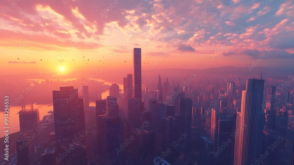 Fototapeta premium Golden Hour Glow Over Contemporary Cityscape - Aerial Urban Skyline Sunset Illustration