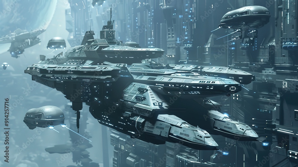 Futuristic Sci Fi Ships Flying Through a Military War Base. Futuristic Sci Fi Ships Flying Through a Military War Base.