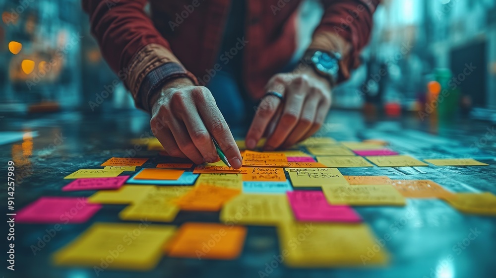 Obraz premium designer's hand arranging wireframes and prototypes on a conference table, surrounded by notes and feedback from clients and stakeholders