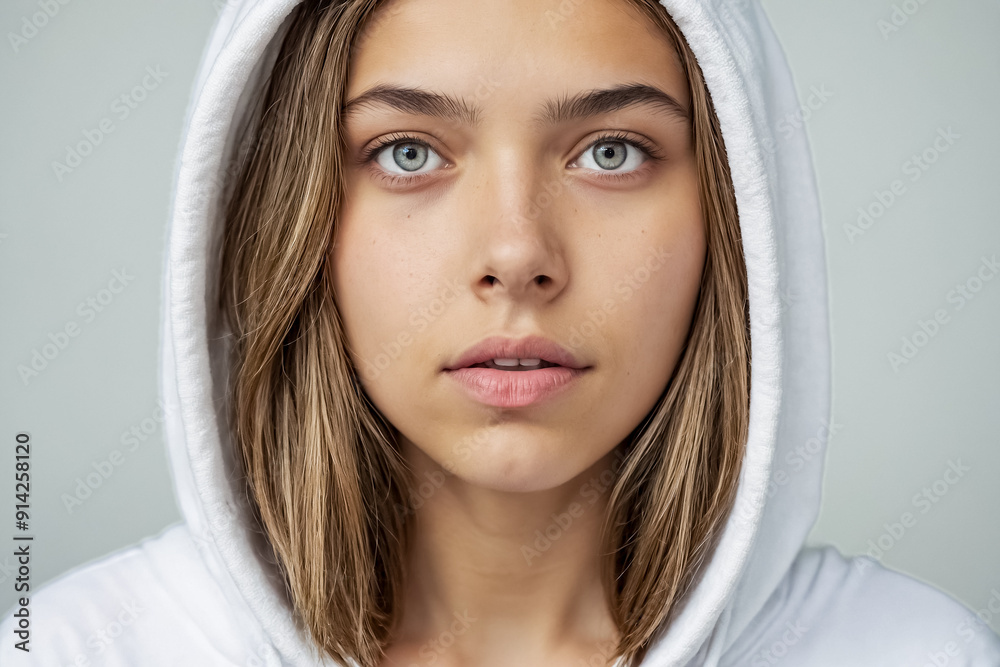 Closeup portrait of a young woman in a white hoodie Closeup portrait of a young woman in a white hoodie