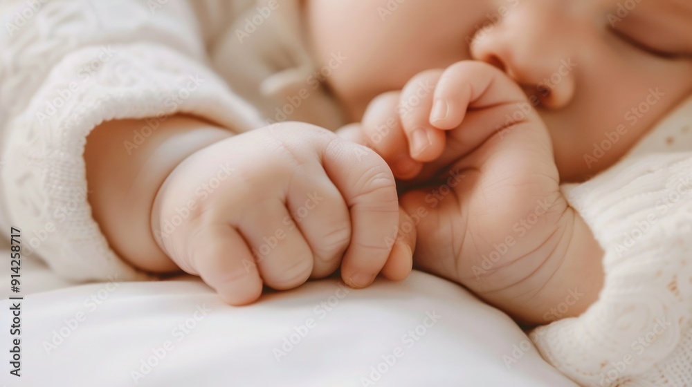 Close-up of a sleeping baby's hand holding his mother's finger Close-up of a sleeping baby's hand holding his mother's finger