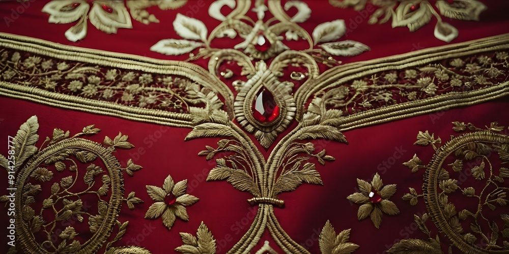 Luxurious close-up of intricate gold and crimson red textile, showcasing rich patterns and elegant embroidery, perfect for high-end fashion and decor.