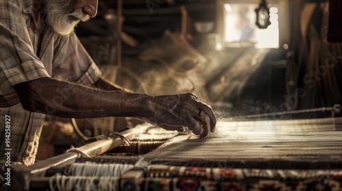 A weathered artisan's hands skillfully weave a tapestry on a loom, bathed in the warm glow of sunlight streaming through a window. photo