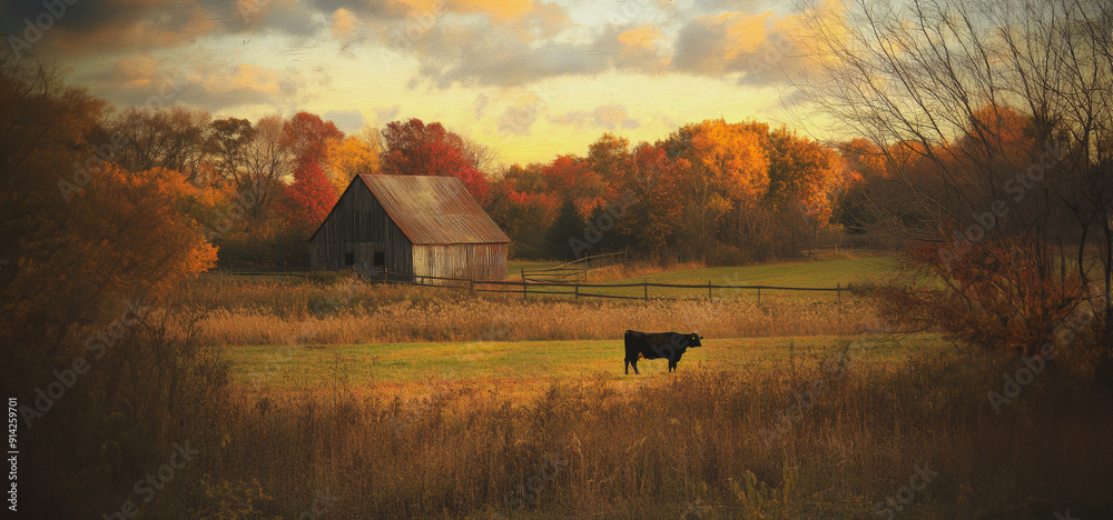 Fototapeta premium Autumn Landscape With Old Barn and Black Cow Grazing at Dusk