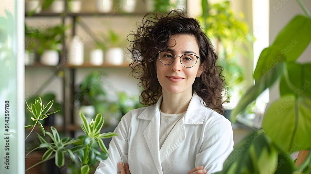Young European naturopath in modern office with plants Young European naturopath in modern office with plants
