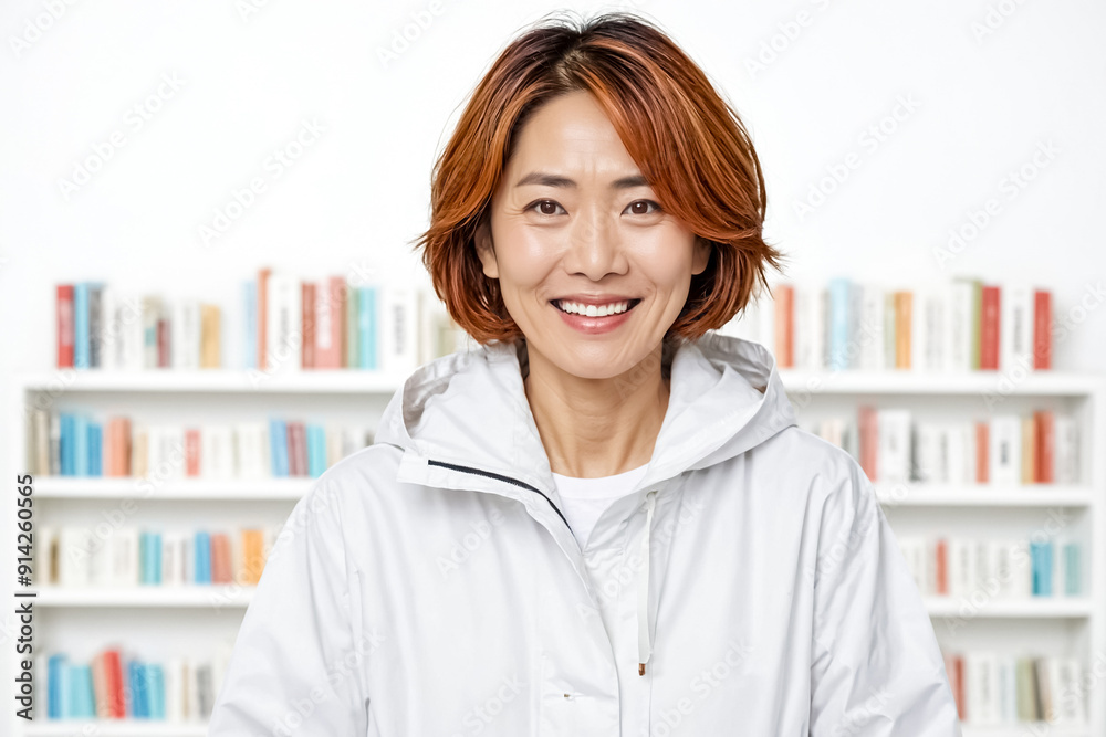Portrait of a smiling woman in a white coat