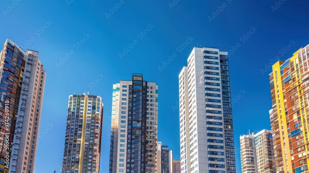 Modern skyscrapers against a clear blue sky, showcasing vibrant architectural designs and a dynamic urban landscape Modern skyscrapers against a clear blue sky, showcasing vibrant architectural designs and a dynamic urban landscape
