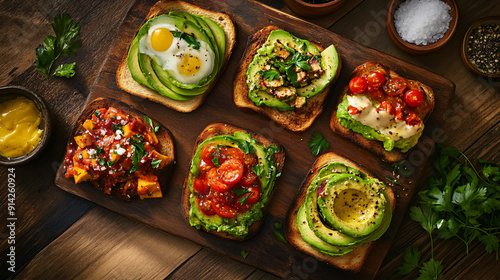 Assorted avocado toast variations with different toppings on a wooden board photo