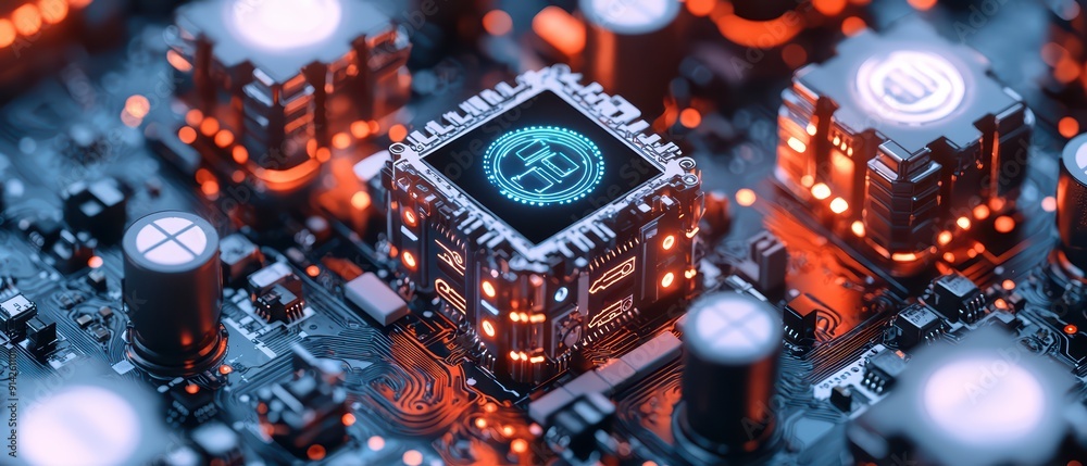 Close-up of a modern microprocessor on a circuit board illuminated with red and blue lights, showcasing advanced technology. Close-up of a modern microprocessor on a circuit board illuminated with red and blue lights, showcasing advanced technology.